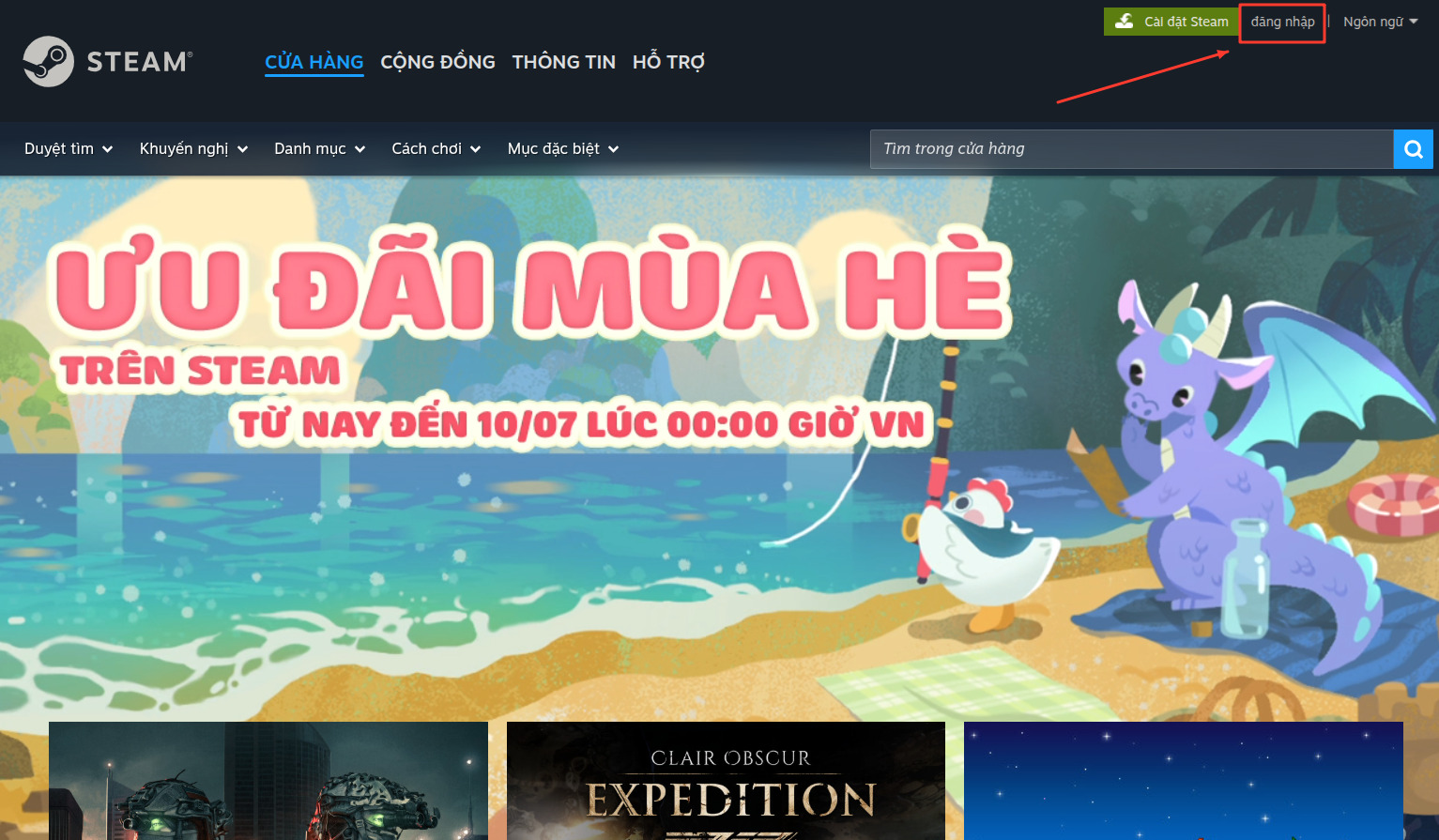 Truy cập vào trang chủ Steam và chọn đăng nhập