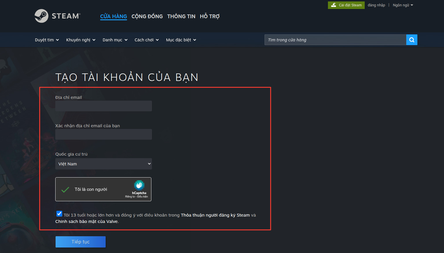 Nhập email, quốc gia và xác minh CAPTCHA