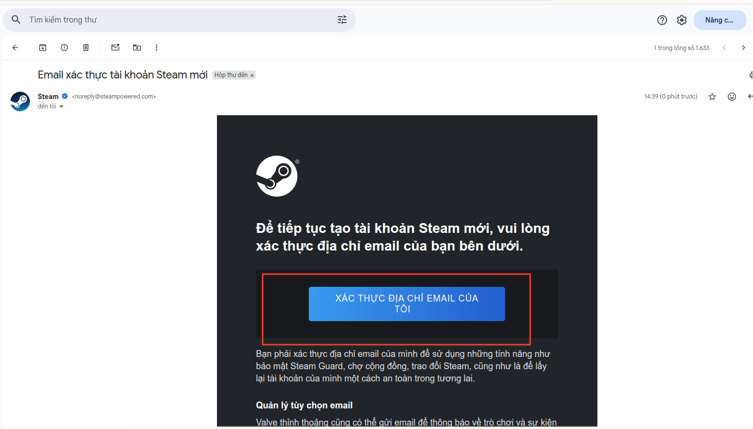 Xác minh email từ Steam