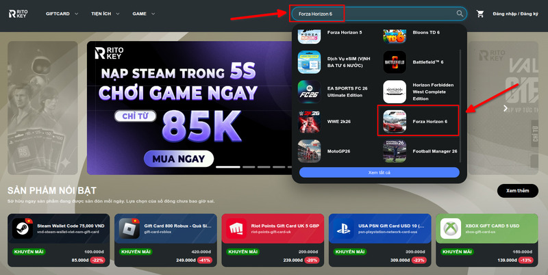 Truy cập website RitoKey và tìm kiếm từ khóa Forza Horizon 6